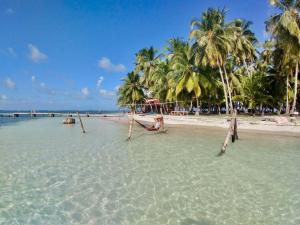 a beach with palm trees and a beach with water at Private Over-Water Cabin on paradise San Blas island in Waisalatupo