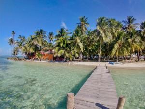 un camino de madera a una playa con palmeras en Private Over-Water Cabin on paradise San Blas island, en Waisalatupo