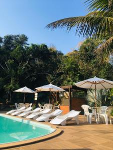 - un groupe de chaises longues et de parasols à côté de la piscine dans l'établissement Sarandy Hotel Eco Parque, à Paraíba do Sul