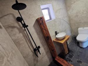 y baño con ducha, espejo y aseo. en Vientos - La Yareta, en San Pedro de Atacama