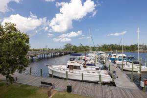 a group of boats docked at a dock at The Tranquil House Inn in Manteo