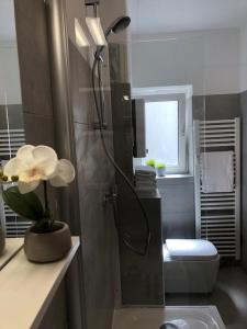 baño con ducha con una barra de flores en studio m - Stylish Central City Business Apartment for 5 guests, en Düsseldorf