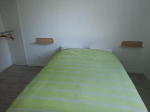a bed in a room with a green blanket on it at La p'tite des Got in Viriat +11 photos
