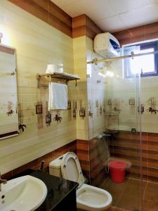 uma casa de banho com um WC, um lavatório e um chuveiro em NHÀ GÓC PHỐ Đà Lạt em Da Lat