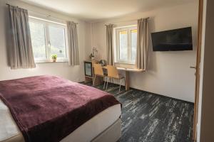 Habitación de hotel con cama y escritorio en good-goisern hotel en Bad Goisern