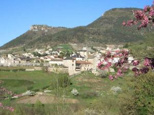 a town on top of a hill with pink flowers at Les Fleurs de Marie in La Cresse