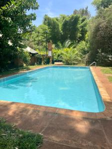 een groot blauw zwembad in een tuin bij Octagon Lodge in Karatu