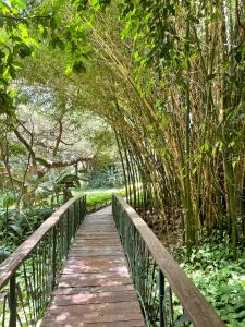 un puente de madera en un parque con árboles en Octagon Lodge en Karatu