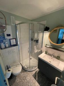 a bathroom with a shower and a toilet and a sink at Ostsee Liebe in Neustadt in Holstein