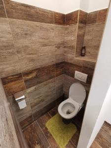 a small bathroom with a toilet and a yellow rug at Apartmán na Náměstí 55 in Drnholec