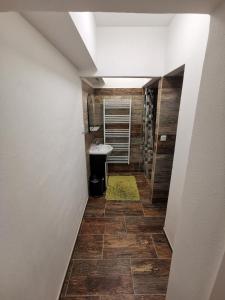 a hallway with a bathroom with a sink and a mirror at Apartmán na Náměstí 55 in Drnholec