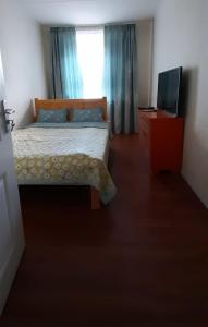 1 dormitorio con 1 cama, TV y ventana en beautiful mongolia, en Ulán Bator