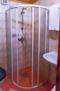 a shower stall in a bathroom with a sink at Külalismaja Malaika in Põlva