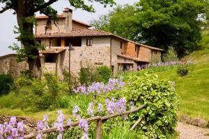 una vieja casa de piedra con flores púrpuras delante de ella en Villa Farmhouse with swimming pool in Chianti, en Grassina
