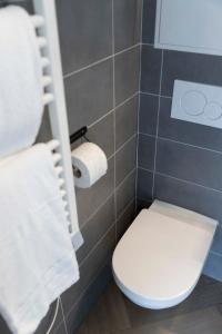 a bathroom with a toilet and some towels at Studio moderne et confort au centre ville in Metz