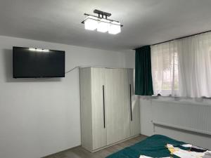 a living room with a flat screen tv on the ceiling at Studio Ali with parking in Zărneşti