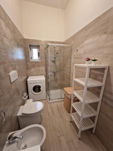 a bathroom with a shower and a toilet and a sink at Living Room Schiavonea in Marina di Schiavonea +8 photos