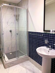W łazience znajduje się prysznic i umywalka. w obiekcie Queen Julie Lodge w Kapsztadzie