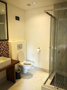 W łazience znajduje się toaleta i przeszklony prysznic. w obiekcie Queen Julie Lodge w Kapsztadzie