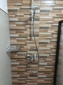 a shower in a bathroom with a wooden wall at Skott's Comfy Lodge in Bantayan Island