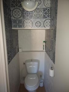 a bathroom with a white toilet and tiles on the wall at Maison entre campagne et ville proche Futuroscope in Neuville-de-Poitou