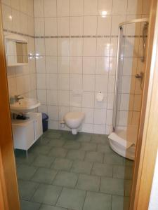 a bathroom with a toilet and a sink and a shower at Schloss Goldacker - das Schloss der Gesundheit in Weberstedt