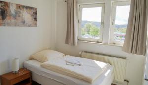 a bed in a room with two windows at Budget Boarding House Weidenberg in Weidenberg