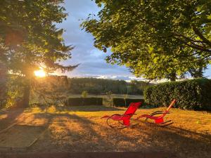 two red chairs sitting in the grass under a tree at Spacious country house in Normandie in Moulins-le-Carbonnel