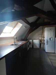 cocina con fregadero y nevera blanca en Appartement chaleureux en Mirebeau-sur-Bèze