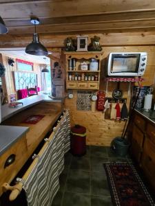 a kitchen with a counter and a microwave in a room at Chez steph et frank in Morez