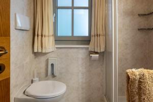 a bathroom with a toilet and a window at Cesa Soramurat Appartamento 9 in Canazei