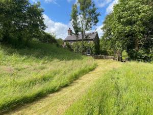 un campo de hierba con una casa en el fondo en A magical hideaway overlooking the river Boyne, en Donore