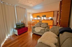 ein Wohnzimmer mit einem Sofa und einem TV sowie eine Küche in der Unterkunft Casa D'Amore, Apartment Lyskamm in Zermatt