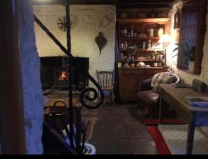sala de estar con chimenea y sofá en A magical hideaway overlooking the river Boyne, en Donore