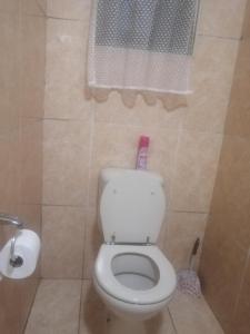 uma casa de banho com um WC branco numa cabina em Grace's Santuary em La Mercy