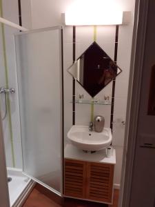 La petite salle de bains est pourvue d'un lavabo et d'un miroir. dans l'établissement jolie cocon au coeur de la nature, à Durtal