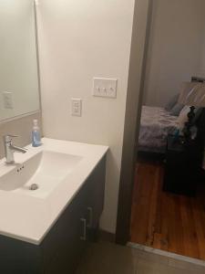 a bathroom with a sink and a mirror and a bed at Charming 2 bedroom apartment near VCU in Richmond