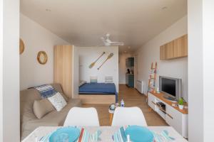 a living room with a couch and a tv at Au Paradis bleu - Parking privé - Literie confortable - Vue port - Plage à 5 min in La Grande-Motte