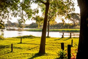 a park with a bench next to a lake at Zambezi Mubala Camp in Katima Mulilo