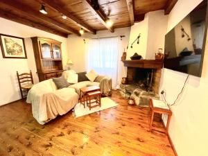 ein Wohnzimmer mit einem Bett und einem Kamin in der Unterkunft Rústic Chic de Luxe 47H in Canillo