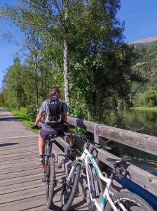 um homem a andar de bicicleta numa ponte de madeira em Apartment Ploner em Ainet