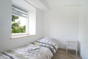 - une petite chambre avec un lit et une fenêtre dans l'établissement Gîte familial ferme des aujes falaen, à Onhaye
