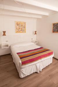 a bedroom with a bed with a colorful blanket on it at Hostal Copart in San Pedro de Atacama