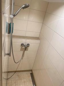 y baño con ducha con cabezal de ducha. en Gästehaus Linde Salching, en Salching