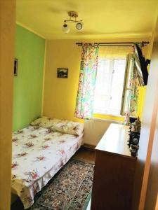 a small bedroom with a bed and a window at Apartament Iulia in Geoagiu Băi