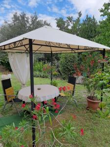 een tafel en stoelen onder een witte parasol in een tuin bij Studio with garden near the sea in Koper