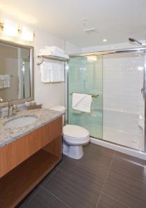 a bathroom with a toilet and a shower and a sink at The Crimson Jasper in Jasper