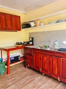 a kitchen with wooden cabinets and a sink at Suites Chile Verde in Manzanillo