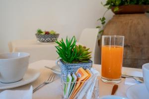 einen Tisch mit einem Glas Orangensaft und einer Pflanze in der Unterkunft Harmonia Home Capitello in Capitello