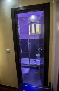 a bathroom with a toilet and a glass door at Hotel Univers 3 Aeroport Luxe in Niamey